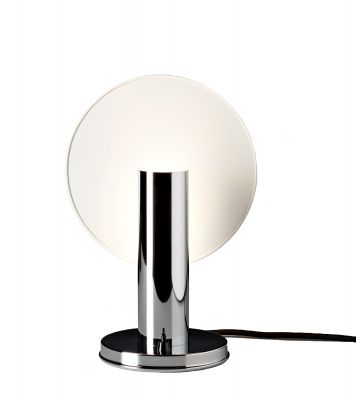 DS 36 Nachttischleuchte von Tecnolumen: Chromfarbene Lampe mit rundem, weißem Lampenschirm für Schlafzimmer.